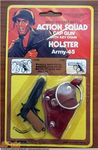 ACTION SQUAD SOLID DIE CAST METAL CAP GUN WITH KEY CHAN HOLSTER ARMY 45 BLISTER